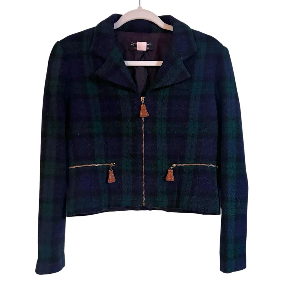 Vintage Cynthia Howie for Maggie Boutique Navy and Green Plaid Wool Crop Blazer